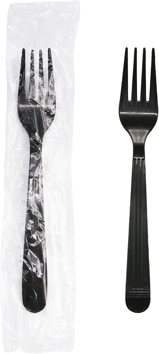 Party Essentials Individually Wrapped Black Plastic Utensil Sets/Heavy Duty Flatware Packs, Fork, 100 Sets