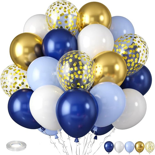 Royal Blue and Gold Balloons, Blue and White Gold Balloons, Macaron Navy Golden Confetti Latex Balloon Graduation Balloon for Birthday Wedding Baby Shower Graduations Party Anniversary Engagement