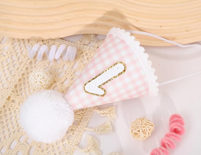 Pink Gingham Style 1st Birthday Hat - 1st Birthday Party Hat for girls, Baby girl 1st Birthday Decoration, Princess First Birthday Crown, Pink and Gold 1st Birthday Decor
