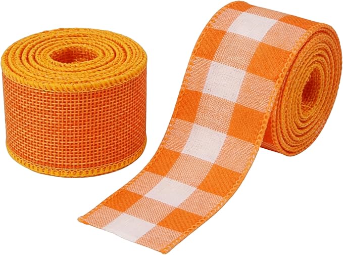 Meseey 1.5 Inch Fall Burlap Wired Ribbon Set, 2 Rolls Total 10 Yards Solid Orange & Orange White Buffalo Check Wired Edge Ribbon for Wreaths, Bows, Gift Wrapping, Thanksgiving & Halloween Decor