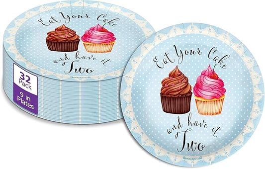 Have Your Cake and Eat it Two Second Birthday - 32 Piece Disposable Party Supplies - Decorations for Cupcake Girl's 2nd Birthday Round Party Plates - Large 9" Paper Plates In Bulk