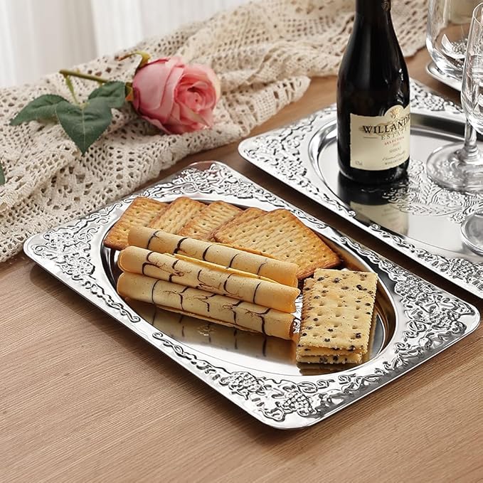 4-Pack Small Silver Serving Trays Set - ZENOVLUX Oval Vintage Engraved Mirror Decorative Tray, 11.4" x 7" Wedding Party Platters for BBQ, Food, Appetizer, Charcuterie, Cookies, Desserts