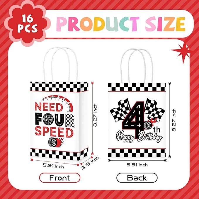 Grencian 16Pcs Need Four Speed Birthday Party Favor Bags Race Car Theme 4th Candy Treat Gift Goodie Bags with Handles Racing Car 4th Birthday Decorations for Kids Boys 4 Year Old Party Favors Supplies