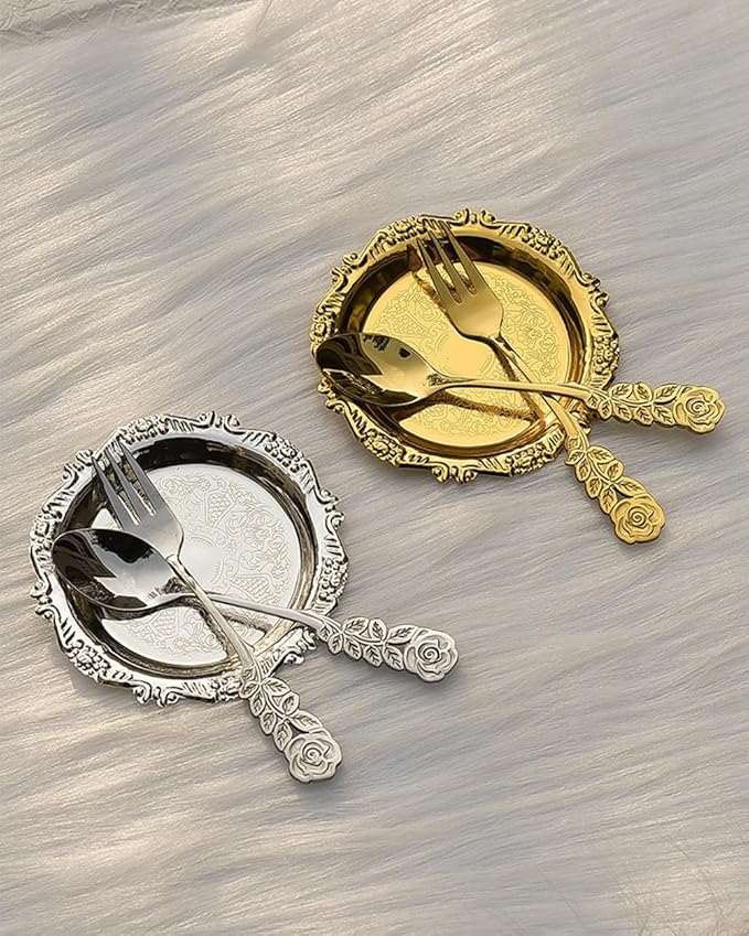 2PCS Coffee Table Tray 5.9in Round Decorative Tray Vintage Metal Dessert Plates for Snacks Fruit Silver