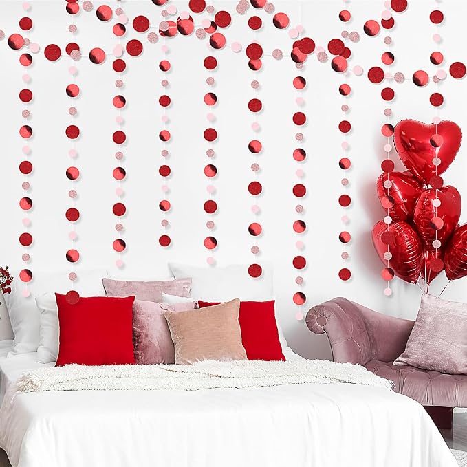 Outus 10 Pieces Red,Pink Round Dots Garland Graduation Party Hanging Decor Each Length 13.1ft Glitter Paper Dot Streamers for Birthday Wedding Classroom Supplies