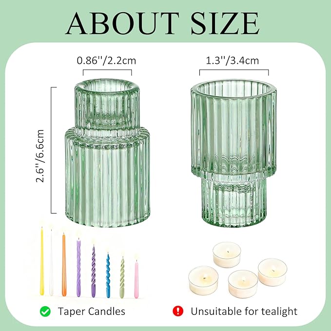 Green Glass Taper Candle Holders Set of 12, Small Tapered Candlestick Holders in Bulk, Modern Short Candle Sticks for Dining Table Centerpiece Wedding Christmas Party & Holiday Decorations