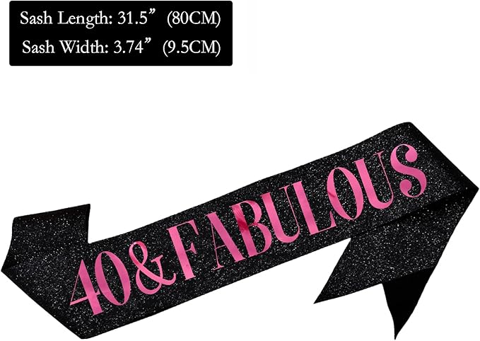 40 & Fabulous Sash, Funny 40th Birthday Sash for Women 40th Bday Party Photo Prop Favors Suppiles, Pink Foil Letter, Glitter Black