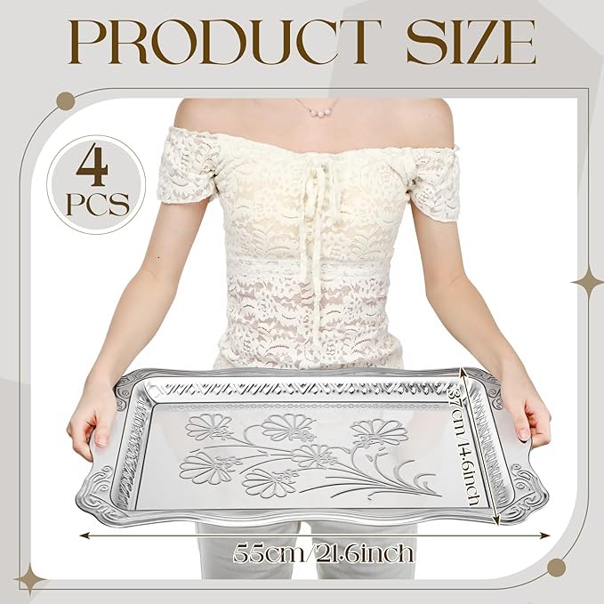 4 Pack 21.6" x 14.6" Large Silver Serving Trays for Dessert Table Stainless Steel Silver Platters Floral Engraved Mirror Serving Platters for Wedding, Desserts, Party Food Display (Classic)