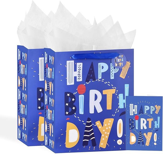 Powbrace 13" Blue Happy Birthday Bag with Tissue Paper and Greeting Card for Party,Happy Birthday Gift Bag for Boys, Girls, Kids, Men Women,Gift Bags Medium size (2 PCS Blue, Gift Bag)
