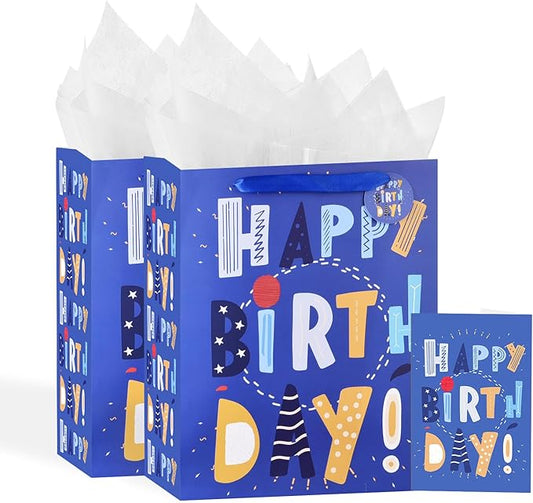 Powbrace 13" Blue Happy Birthday Bag with Tissue Paper and Greeting Card for Party,Happy Birthday Gift Bag for Boys, Girls, Kids, Men Women,Gift Bags Medium size (2 PCS Blue, Gift Bag)