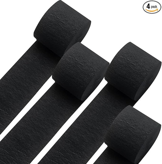Black Crepe Paper Streamers 4 Rolls 328 ft Pack of Black Crepe Paper for Graduation Halloween New Year Anniversary Birthday Party Decorations, Party Streamers Crepe Paper (1.8 Inch x 82 Ft/Roll)