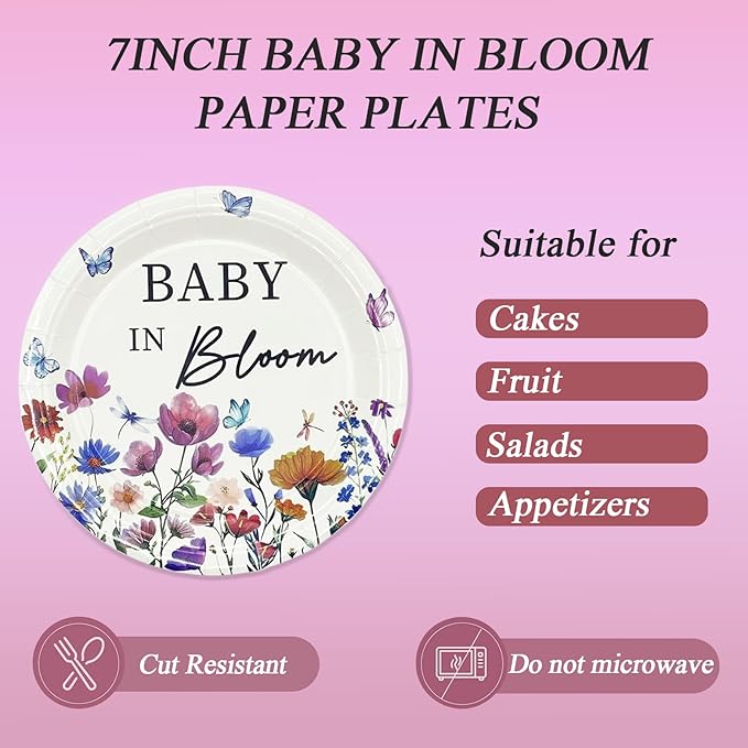 72PCS Baby in Bloom Paper Plates and Napkins - 7 Inch Paper Plates and 6.5 Inch Napkins with 6.3 Inch Forks Disposable Tableware Set for Baby Shower Party Decorations