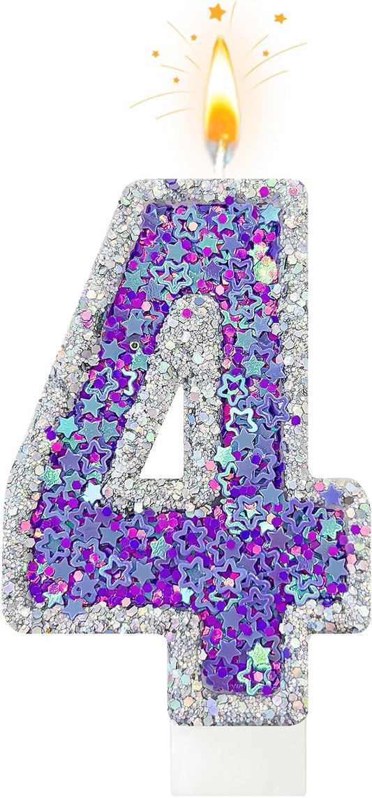 K-pop Number 4 Birthday Candle, Star Glitter Filled Number Candle, Purple Silver Fantasy Cake Topper for Birthday Party Decoration