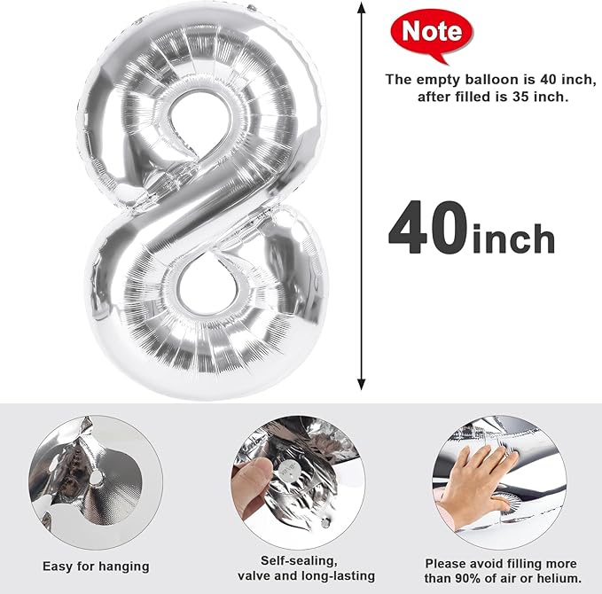 40 Inch Number 8 Balloon, Silver 8 18 28 80 Birthday Balloons for Men Boys, 8th Birthday Decorations Party Supplies, Wedding, Graduations
