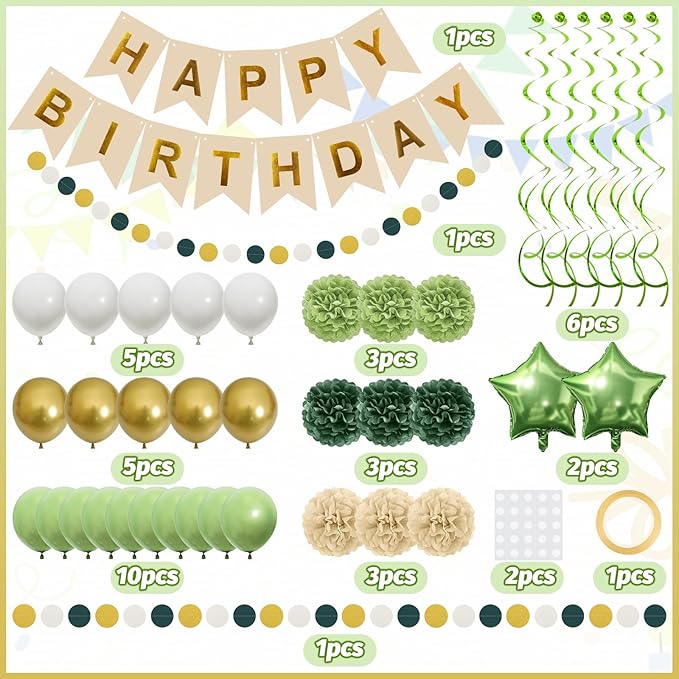 Retro Green Birthday Party Decorations for Women Girls, Happy Birthday Banner with Tissue Paper Pompoms, Paper Tassel, Circle Garland, Hanging Swirl, Party Balloons for Party Decorations