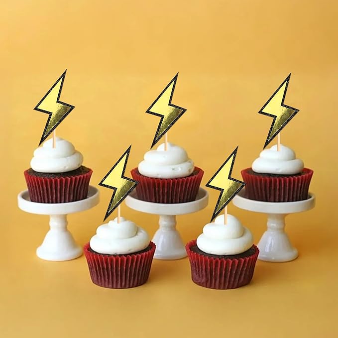 Ercadio 24 Pack Lightning Cupcake Toppers Glitter Black Yellow Cupcake Picks Smiley Assorted Cake Racing Car Theme Party For Girls Baby Shower Birthday Party Cake Decoration Supplies