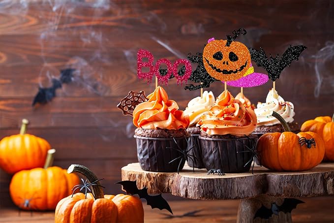 Glitter Happy Halloween Cupcake Toppers including Pumpkin Boo Ghost Hat Witch Spider Bat Food sticks Decorations for Halloween Themed Kids Birthday Party -40PCS