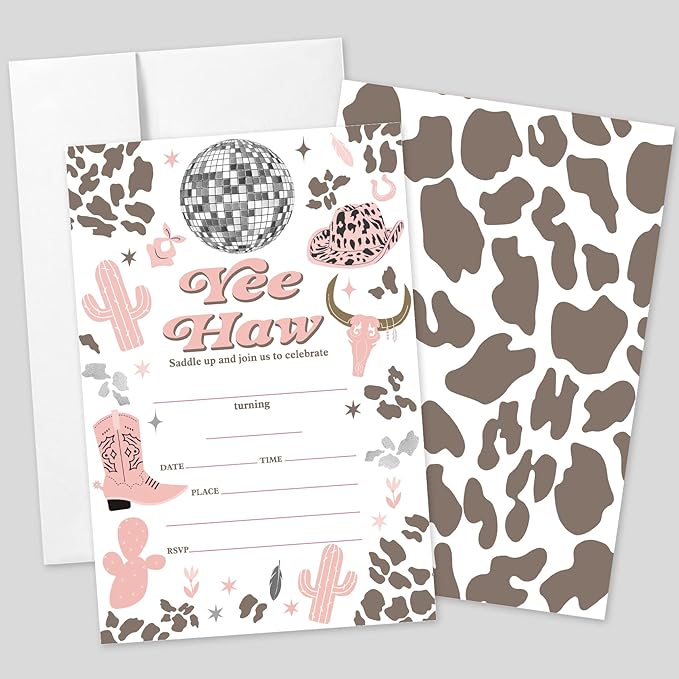 20 Sets Cowgirl Yee Haw Birthday Party Invitations With Envelopes,Western Disco Ball Double-sided Printed Birthday Party Invitation Invite Cards for Baby Girls,Saddle Up Birthday Invites