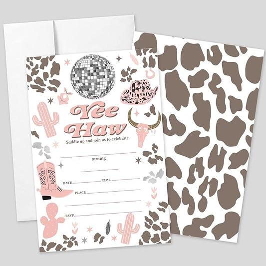 20 Sets Cowgirl Yee Haw Birthday Party Invitations With Envelopes,Western Disco Ball Double-sided Printed Birthday Party Invitation Invite Cards for Baby Girls,Saddle Up Birthday Invites