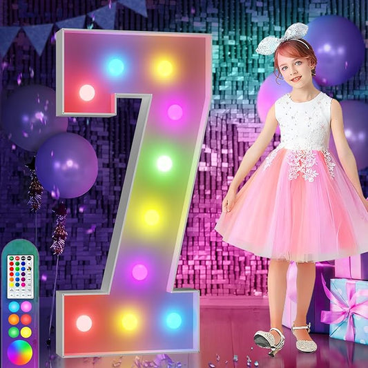 imprsv 4FT Colorful Marquee Numbers,18 Colors with Remote, Light Up Numbers 7 for 7th 70th Birthday Decorations Anniversary Party Decor, Pre-Cut Foam Board Kit, Mosaic Sign for Balloon