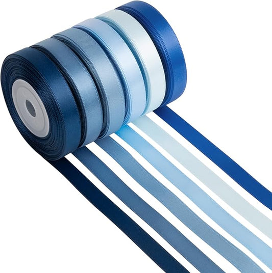 Blue Satin Ribbon 3/8 Inch x 60Yds Assorted Royal, Navy, Light, Dusty Blue Double Faced Satin Ribbon Set for Gift Wrapping, Flower Bouquet, Wedding Invitation, Baby Shower Decor, Hair Bows & Crafts