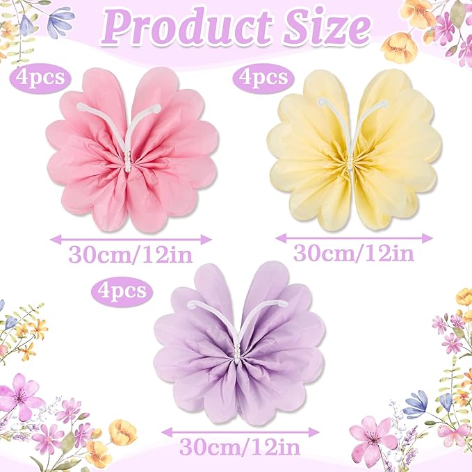 12PCS Butterfly Tissue Paper Pom Poms, 3D Butterfly Birthday Party Decorations, Khaki Pink Purple Butterfly Hanging Decorations for Girls Wedding Baby Shower Decor