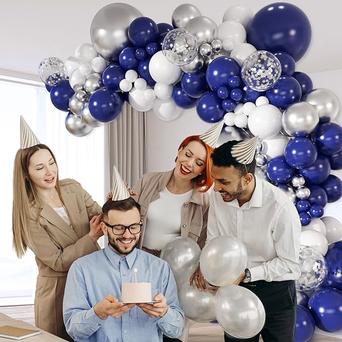 147pcs Navy Blue and Silver Balloon Garland Arch Kit, 18 12 10 5 inch Royal Blue Metallic Silver White Balloons for Birthday Baby Shower Bachelorette Wedding Graduation Party Decorations