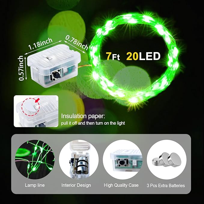 pozzolanas 12 Pack Green Fairy Lights Battery Operated 3 Modes 7FT 20 LED Waterproof String Lights Twinkle Silver Wire for Mason Jars Wedding Christmas Halloween Party Decor (12, Green)