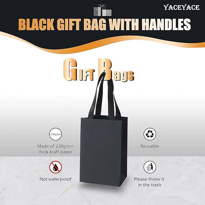 Black Gift Bags with Handles, 10 Pcs 5.25"x3.75"x8" Kraft Paper Bags for Wedding, Party, Business, Retail