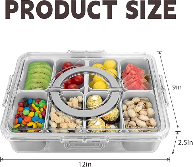 Divided Serving Tray with Lid and Handle,8 Compartments Snacks Box,Snack Fruit and Veggie Tray,Portable Platter for Candy Fruits Nuts Snack Party Entertaining Picnic (2 PCS Grey)