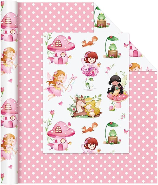 WERNNSAI Fairy Wrapping Paper Roll - 1 Roll 17”x 33 ft Pink Fairy Birthday Wrapping Paper for Girls Reversible Gift Wrap with Polka Dot Design for Birthday Baby Shower Party Favor