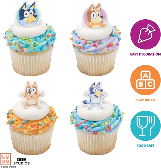 DecoPac Bluey So Much Fun Rings, Cupcake Decorations Featuring Bluey, Bingo, Bandit, and Chilli, 3D Food Safe Cake Toppers –1.4 x 1.75 inches (Pack of 48)