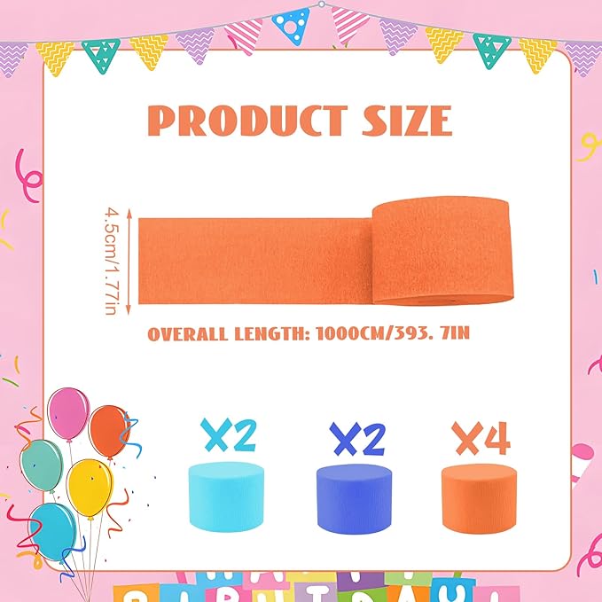 Blue and Orange Crepe Paper Streamers 8 Rolls 32ft, Blue Orange Dog Paw Party Supplies Birthday Baby Shower Decorations