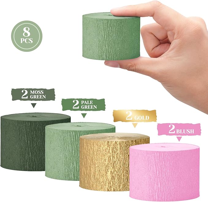 8 Rolls Moss Sage Green and Pink Crepe Paper Streamers for Wedding, Bridal Shower, Engagement Party Decorations - 82 Ft Long Boho Party Supplies
