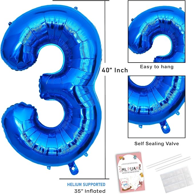 40 Inch Navy Blue 3 Balloon for 3rd Birthday Party, Blue Three Number Balloon 13 23 33 Birthday Decorations for Boys Girls Men Women, Helium Giant Foil Number 3 Balloon
