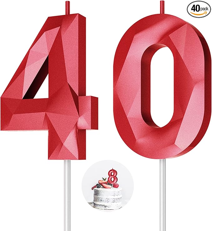 Number Birthday Candles(40 Candle Red) 3D Diamond Shape Number Happy Birthday Cake Candles for Birthday Party Wedding Decoration Reunions Theme Party