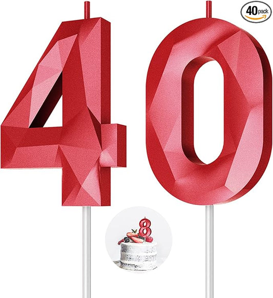 Number Birthday Candles(40 Candle Red) 3D Diamond Shape Number Happy Birthday Cake Candles for Birthday Party Wedding Decoration Reunions Theme Party