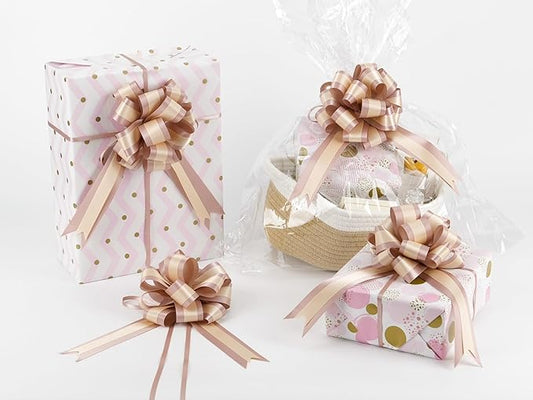 HUIHUANG Dusty Rose Pull Bows 6" x 10" Dusty Rose and Peach Double Layer Satin Gift Bows 12 PCS Pull Bow for Gift Wrapping, Gift Basket, Wine Bottles, Birthday, Wedding, Party Decor