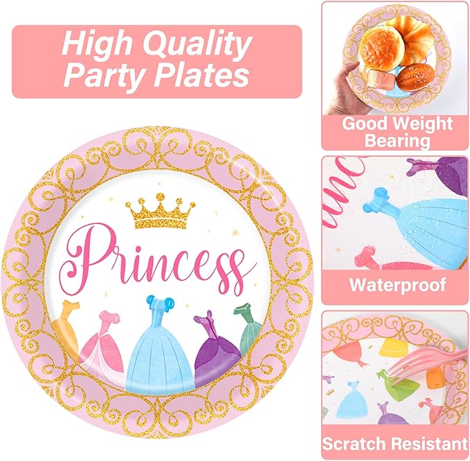 Qyeahkj 100 Pcs Princess Birthday Plates and Napkins Princess Themed Party Supplies Cartoon Dress Party Decorations Crown Disposable Tableware Dinnerware Set for Girls Engagement Baby Shower Serves 25