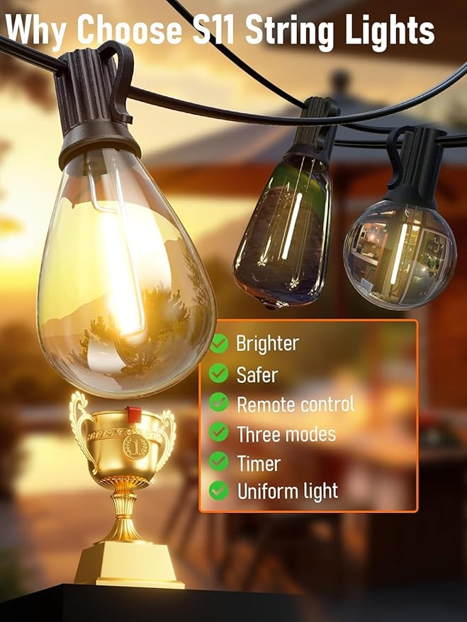 luckystyle 100FT LED Outdoor String Lights with Remote, 35+ 1 Shatterproof Bulbs Waterproof and Dimmable Patio Lights for Porch, Garden, Backyard, Deck, Balcony, 2700K Hanging Lighting