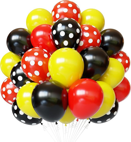 Red Yellow Black Balloons, 60pcs 12 Inches Red Yellow Black Polka Dot Latex Balloons with 1 Ribbon for Birthday Baby Shower Party Decorations