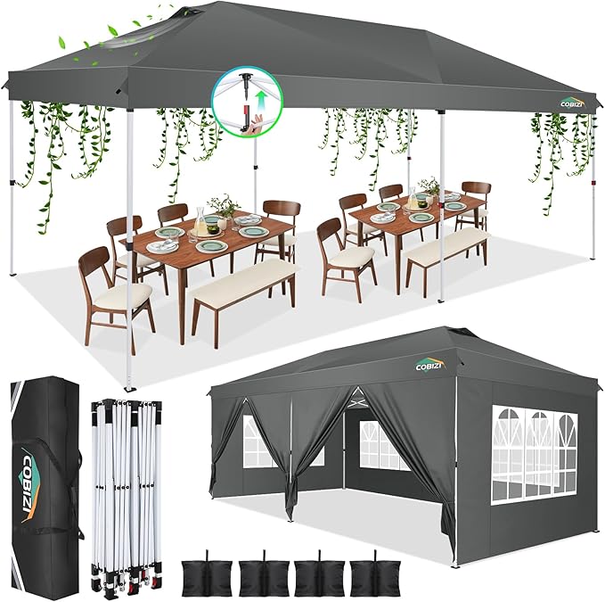 COBIZI 10x20 Pop Up Canopy Tent, One Push Easy Up Gazebo with 6 Removable Sidewalls & Air Vent, Waterproof UV50+ Commercial Canopy with 4 Sandbags, Stakes & Ropes for Parties/Wedding/Backyard,Gray