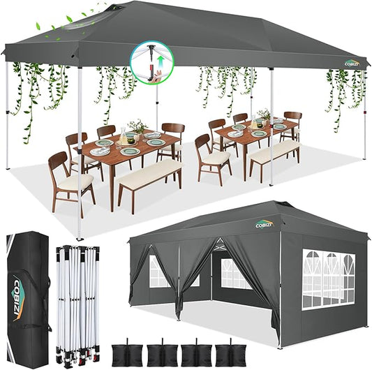 COBIZI 10x20 Pop Up Canopy Tent, One Push Easy Up Gazebo with 6 Removable Sidewalls & Air Vent, Waterproof UV50+ Commercial Canopy with 4 Sandbags, Stakes & Ropes for Parties/Wedding/Backyard,Gray