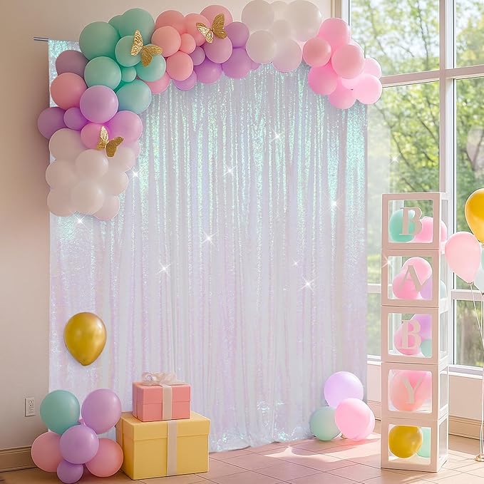 SquarePie 8x8ft Iridescent Sequin Backdrop for Photography, Satin-Backed Real Sequin Curtain, Enhanced Coverage Shimmering Background with 4" Rod Pocket for Wedding, Birthday, Party Decor, 1 Panel