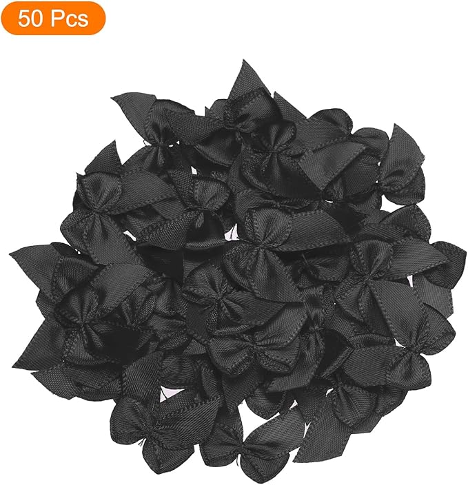 MECCANIXITY 50Pcs Mini Ribbon Bow 1" Mini Fabric Satin Ribbon Flower Bows for Craft DIY Sewing Wedding Birthday Party Black