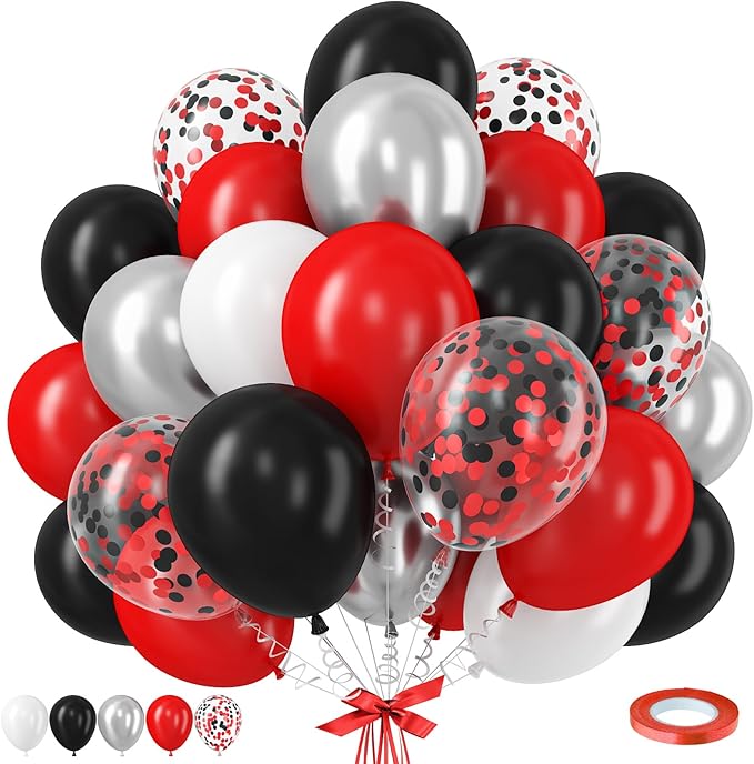 Black Red Balloons, 12 Inch Black Red White and Silver Latex Balloons with Confetti Balloon Party Decoration for Cartoon Birthday Race Car Game Theme Graduation Halloween Party Supplies