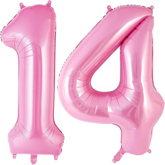 Pink Number 14 Balloon, 40 Inch Big Large Foil Helium Number Balloons, Giant Mylar Number 14 Balloons for 14 Years Old Birthday Party Decorations Supplies Anniversary