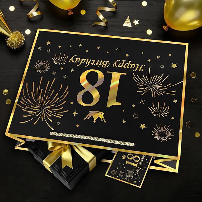 JMANNI Black Gold 18th Birthday Gift Bag with Card and Tissue Paper, 12.6"×9.84"×3.9" Elegant Present Bag for Adults, 18 Year Old Birthday Keepsake Party Supplies