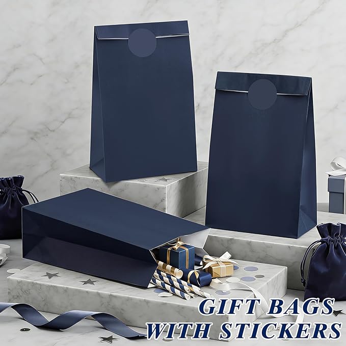 woric 36PCS Navy Blue Party Favor Bags with Stickers Small Kraft Graduation Gift Bags Self Stand Goodie Bag for Small Gifts, Retail, Merchandise, Graduation, Wedding, Kids Birthday Party Favor