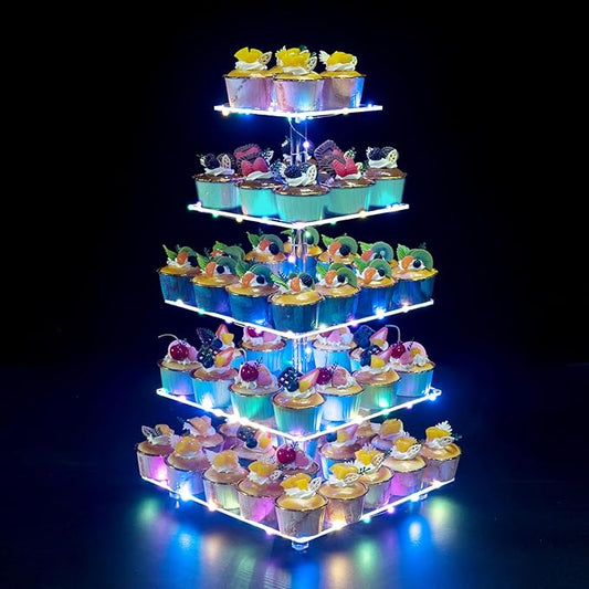 Cupcake Stand, 5-Tier Square Cupcake Holder with LED Light String, Acrylic Cupcake Tower Display-Dessert Tower-Pastry Stand-Cupcake Tier Stand for Wedding, Birthday Party (Colorful Light)…
